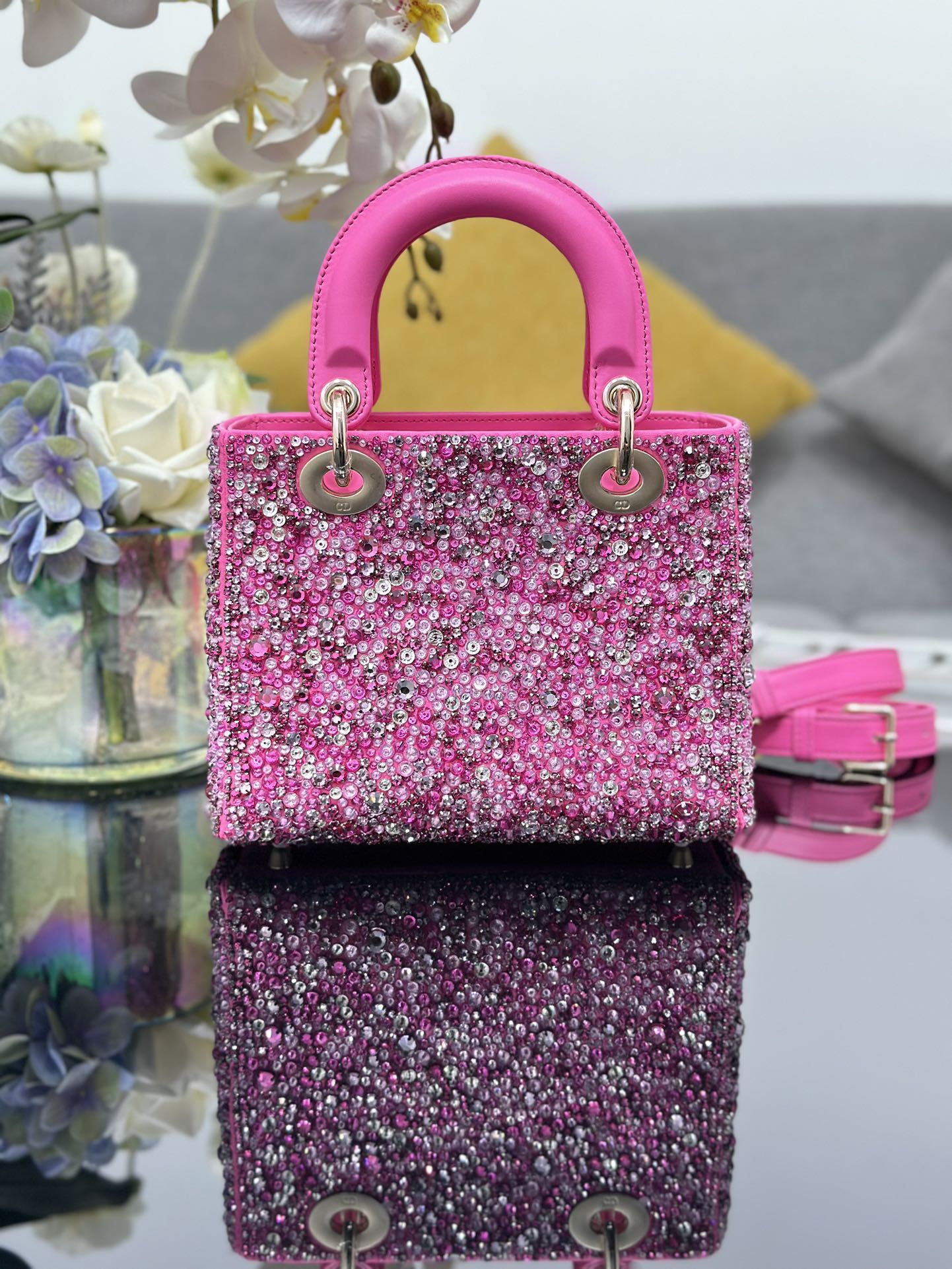 Small Lady Dior Bag Candy Pink Satin Embroidered with Bead Diamond